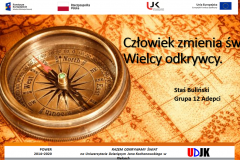 Strona tyułowa referatu autora Stanisław Buliński  – Człowiek zmienia świat – wielcy odkrywcy